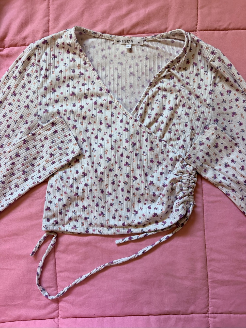 Antistar Cream Floral Wrap Rib-Knit Crop Top